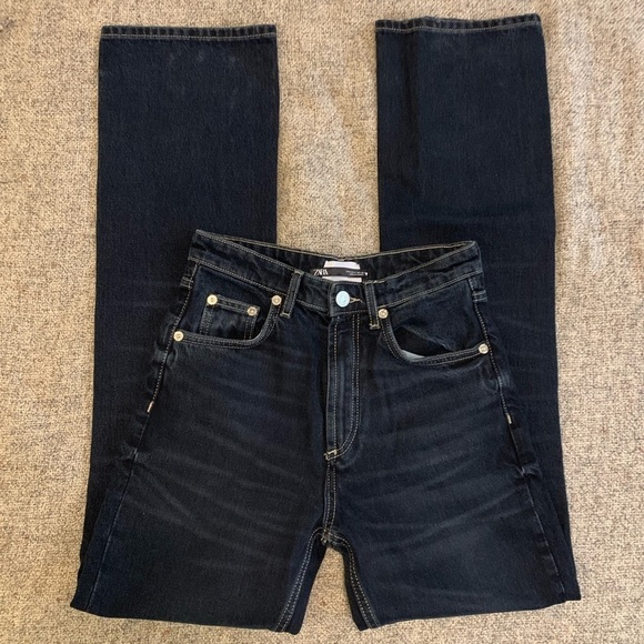 Zara Denim + High Rise Straight Leg Dark Wash Jeans - Picture 1 of 5